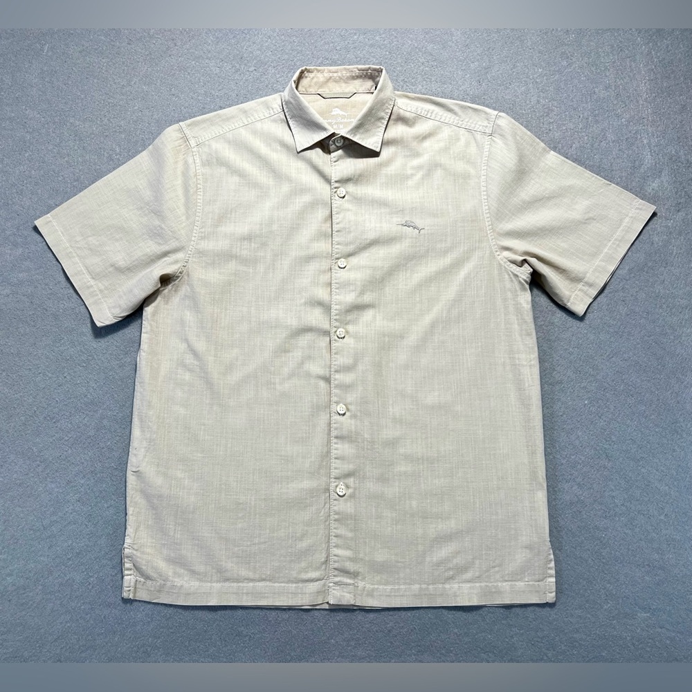 Tommy Bahama Men’s Medium Beige Tan Button Front Casual Shirt Island Style